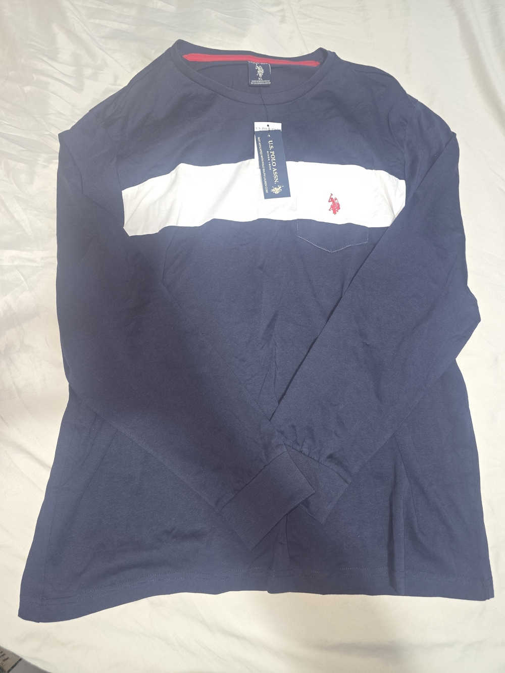 U.S. Polo Assn. Navy Long-Sleeve Crew with White Chest Stripe and Red Logo